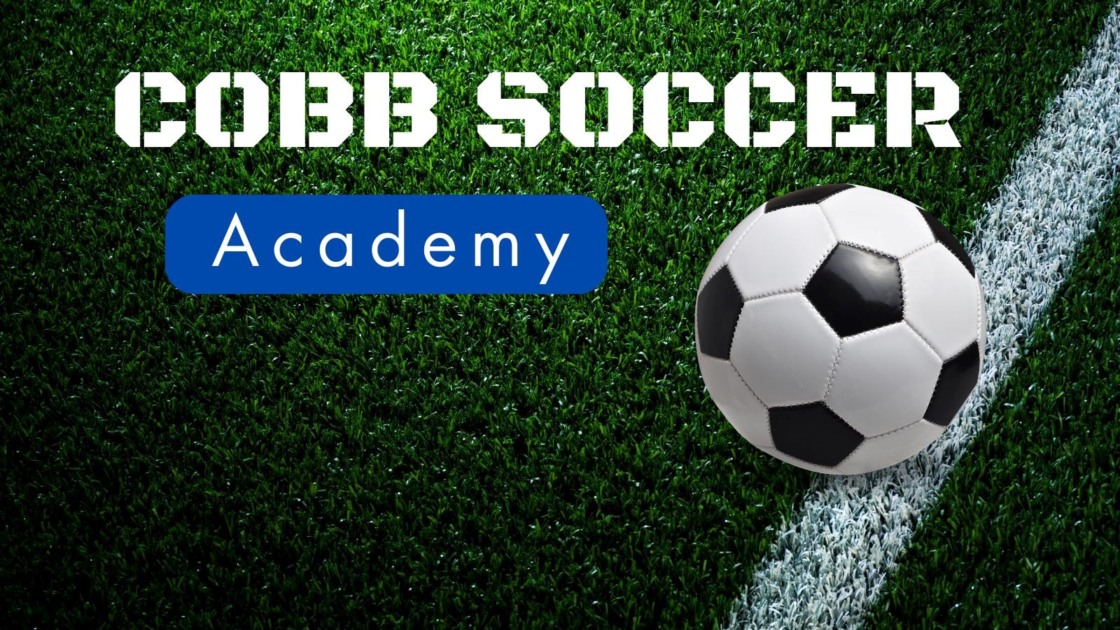 The words Cobb Soccer Academy in white against a background of a soccer field and soccer ball